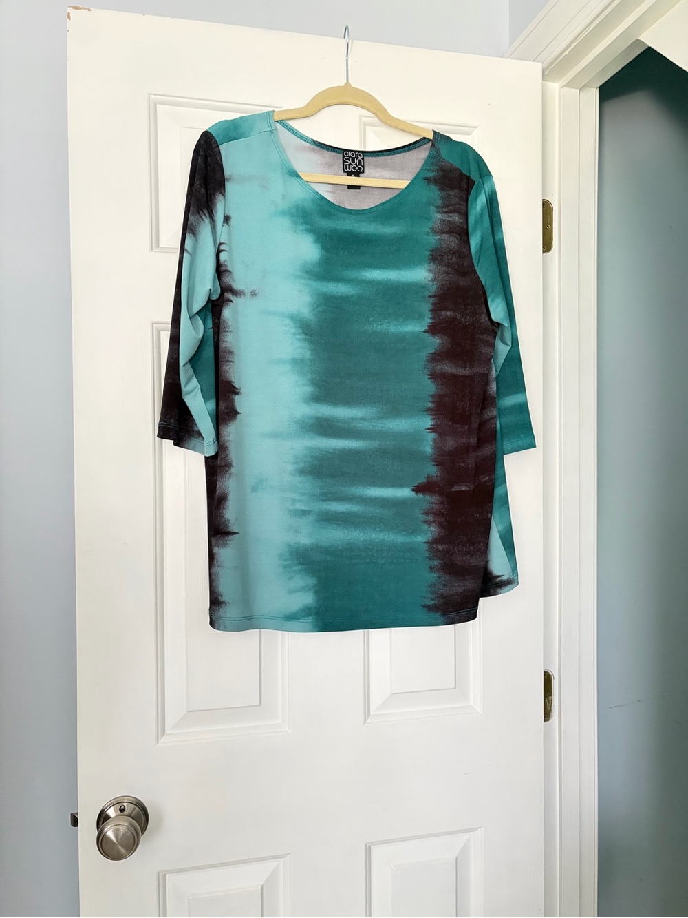 Clara Sun Woo Green, Teal & Black Tie-Dye Long Sleeve Scoop Neck Top